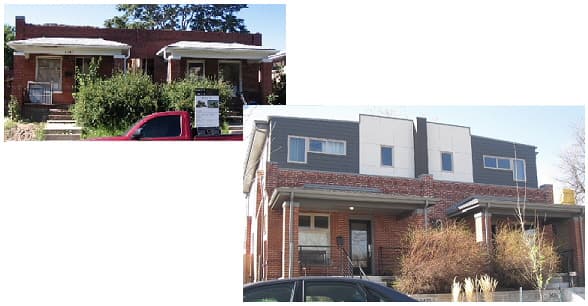 Brick duplex with a grey and white second storey