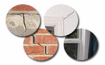 Close-ups of cracks in a concrete foundation wall, brick, and plaster around windows