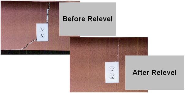 Wall crack beside an outlet before and after a relevel